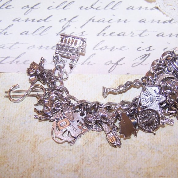 Single Link Sterling Silver Charm Bracelet Loaded with 42 Different Charms - Picture 6 of 9